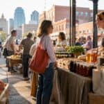 Kansas City outdoor artisan food market stalls in morning