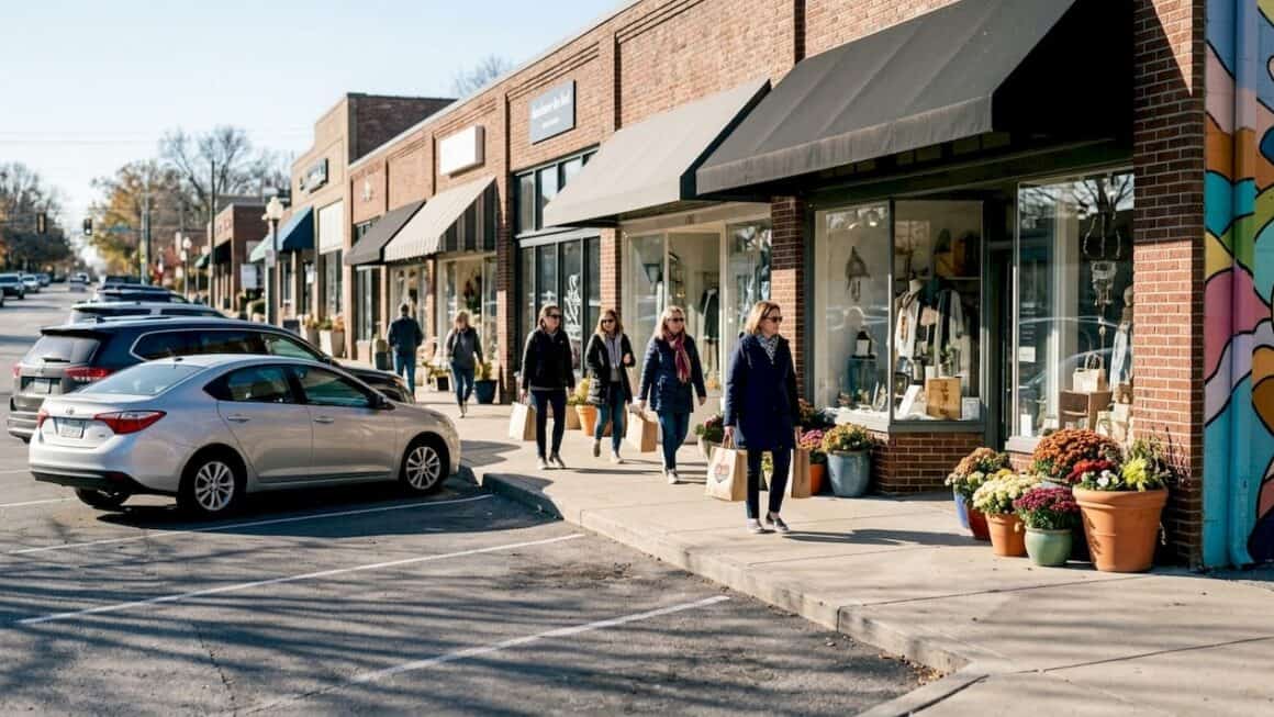 Prairie Village shopping district street view in morning