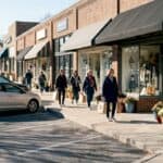 Prairie Village shopping district street view in morning