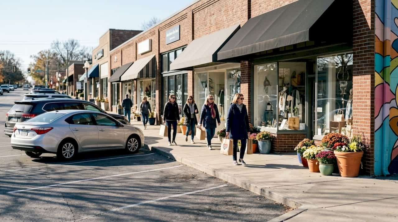 Prairie Village shopping district street view in morning