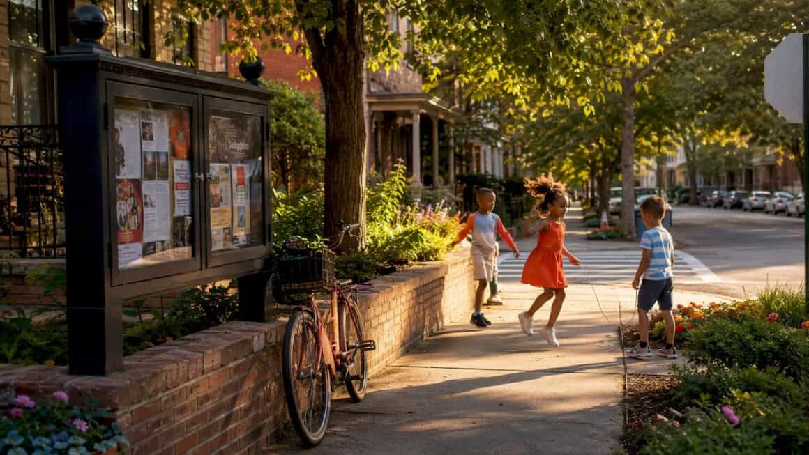 Quiet residential street in Kansas City with sidewalks