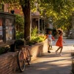 Quiet residential street in Kansas City with sidewalks