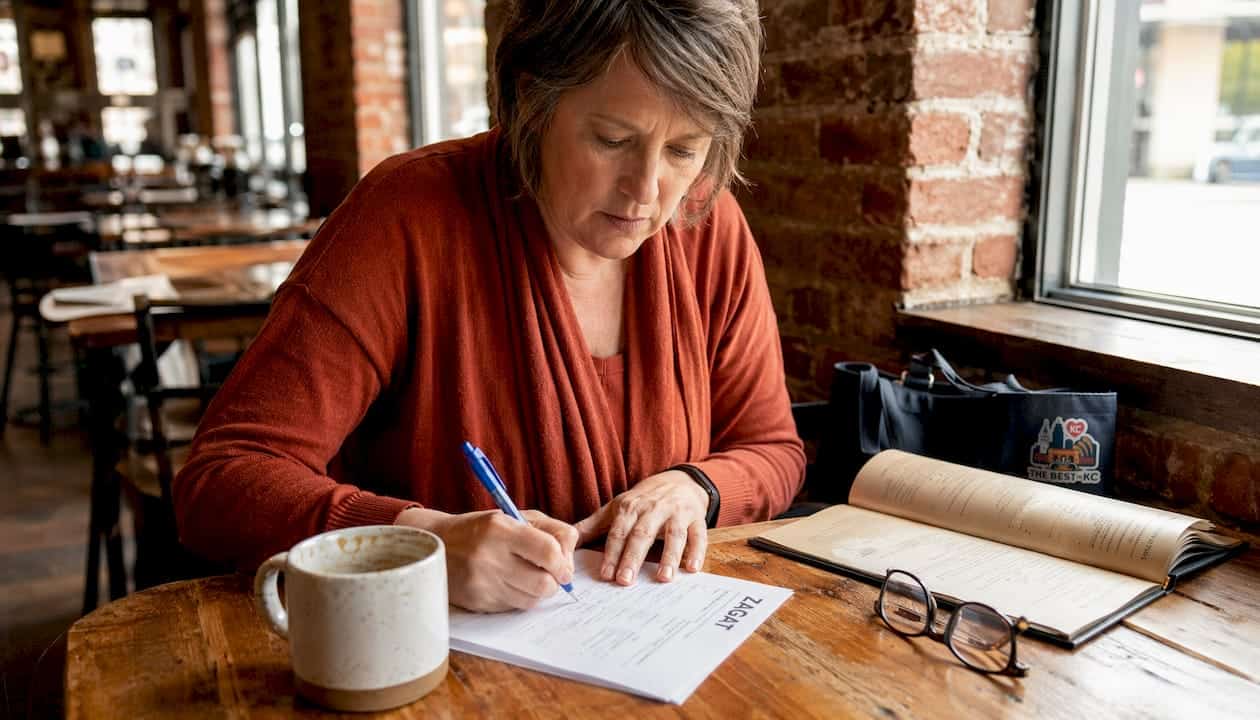 Diner completing Zagat survey inside cozy café