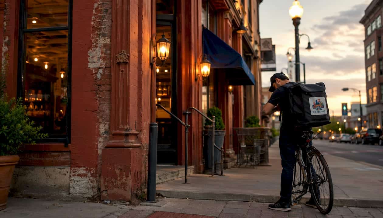 Kansas City restaurant exterior with delivery cyclist