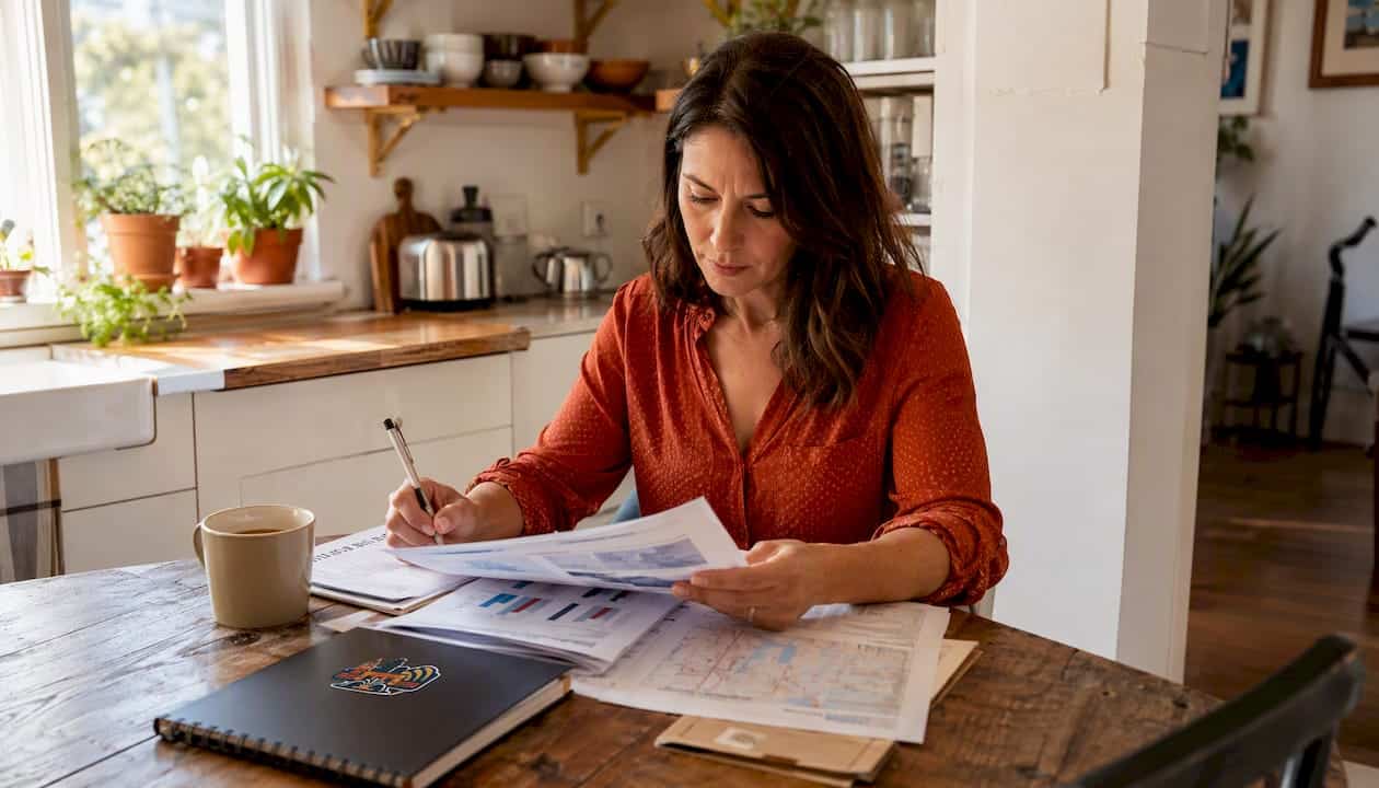 Homebuyer reviewing printed safety reports at desk