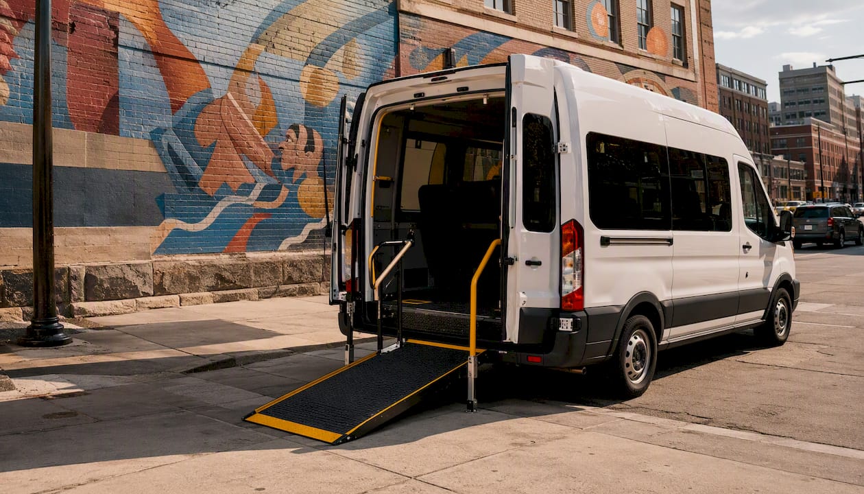 ADA paratransit van with extended ramp