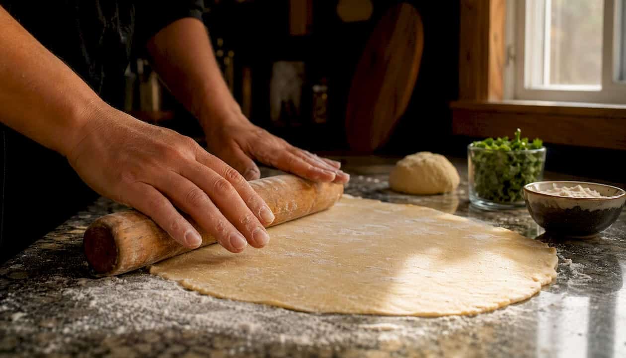 Hands kneading pasta dough in cooking class