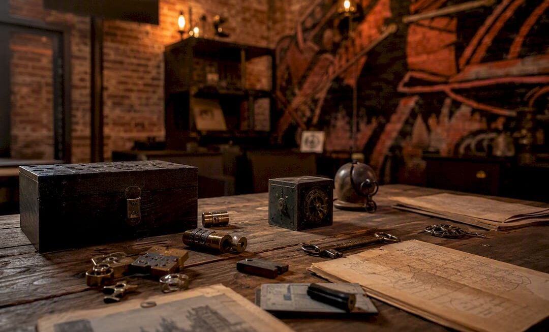 Escape room puzzle elements on table