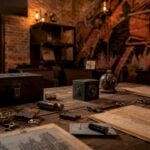 Escape room puzzle elements on table