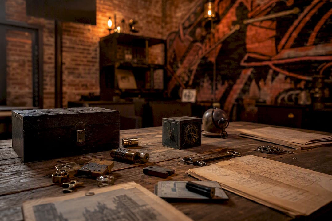 Escape room puzzle elements on table