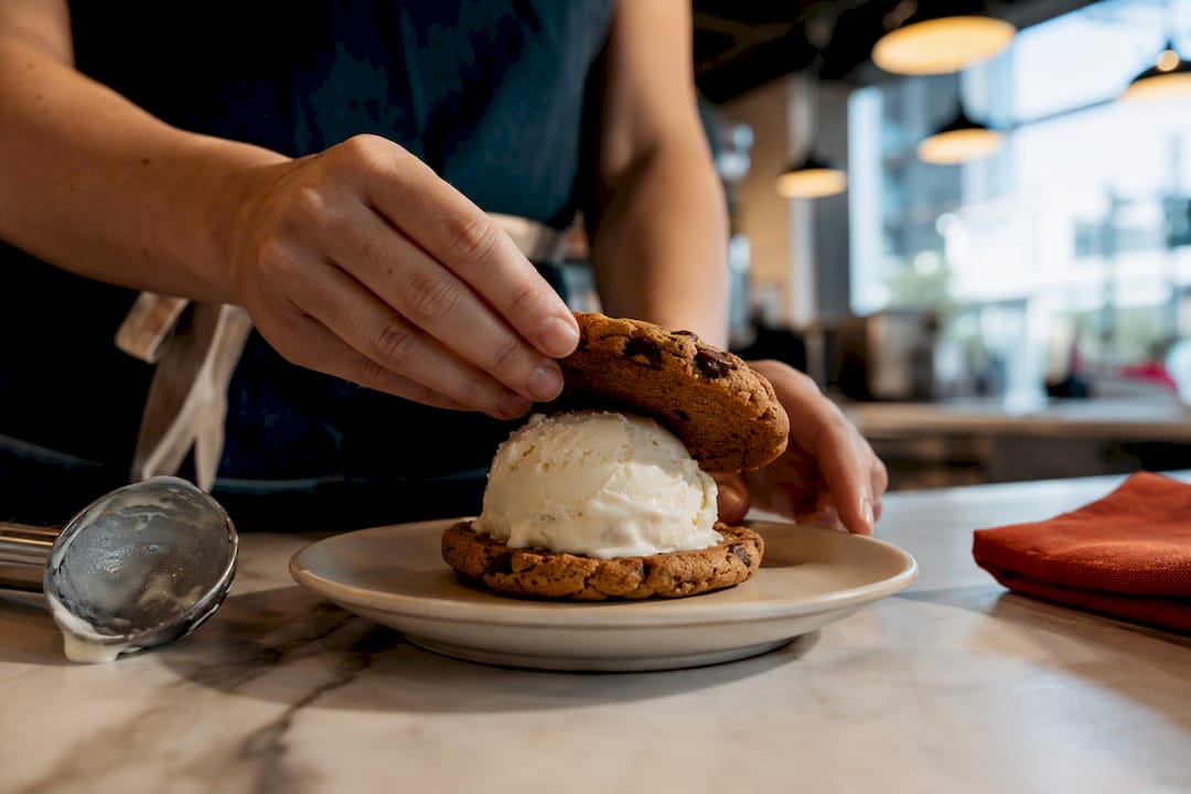 Warm cookie ice cream sandwich on plate