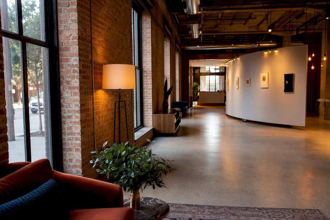 Crossroads hotel lobby with gallery installation