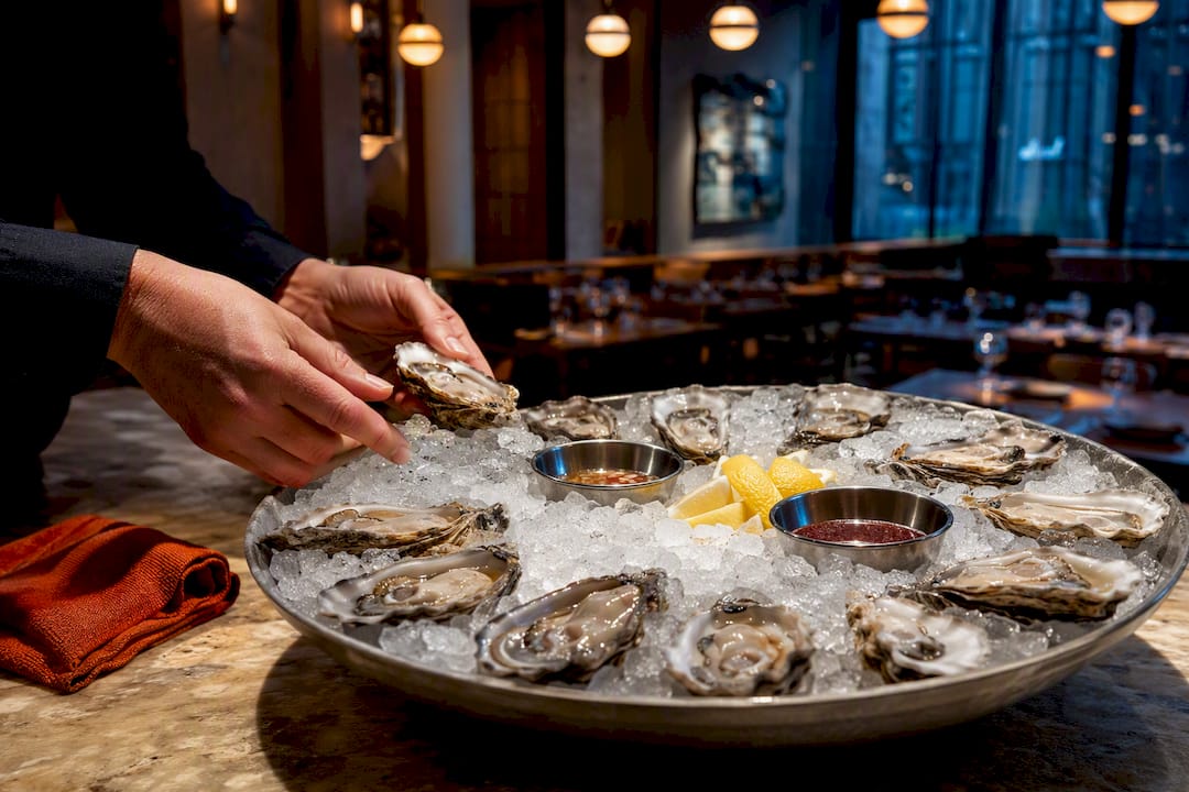 Oysters arranged on a chilled seafood bar
