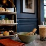 Tea room table with matcha high tea boba