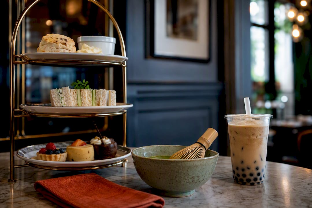 Tea room table with matcha high tea boba