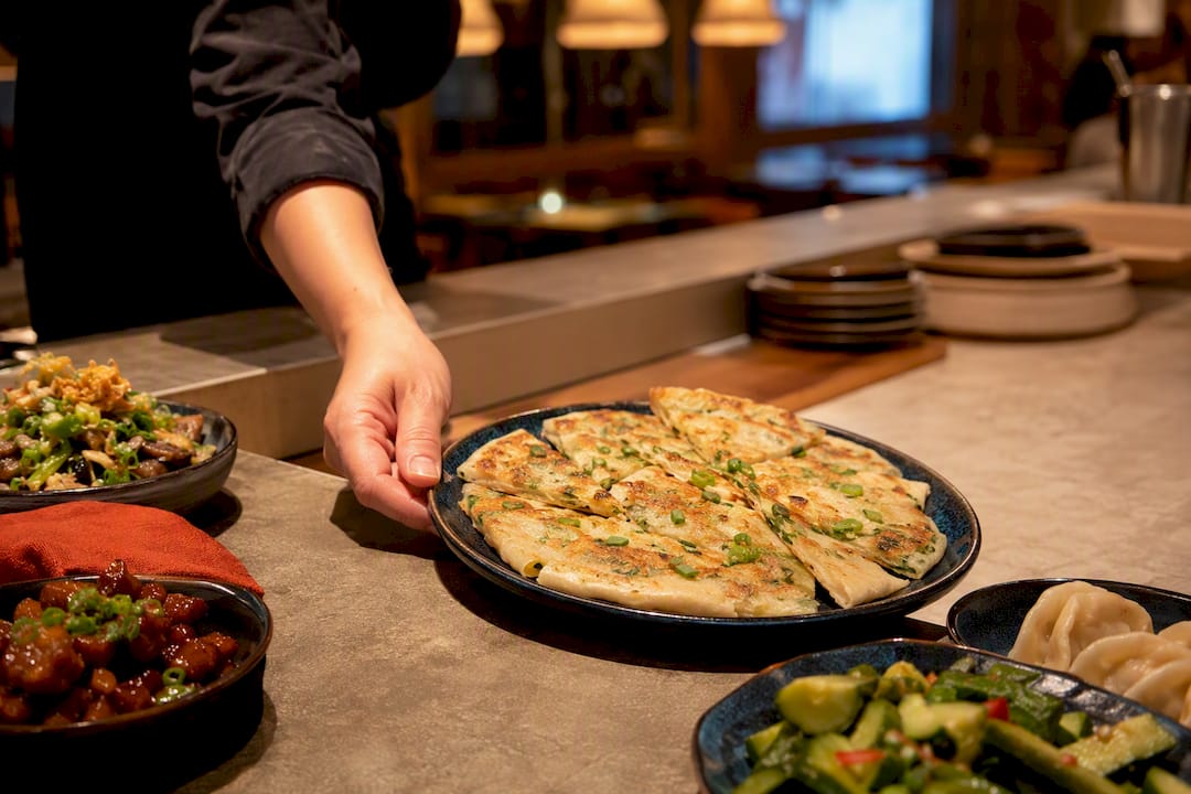 Sliced Taiwanese savory pancake with small plates