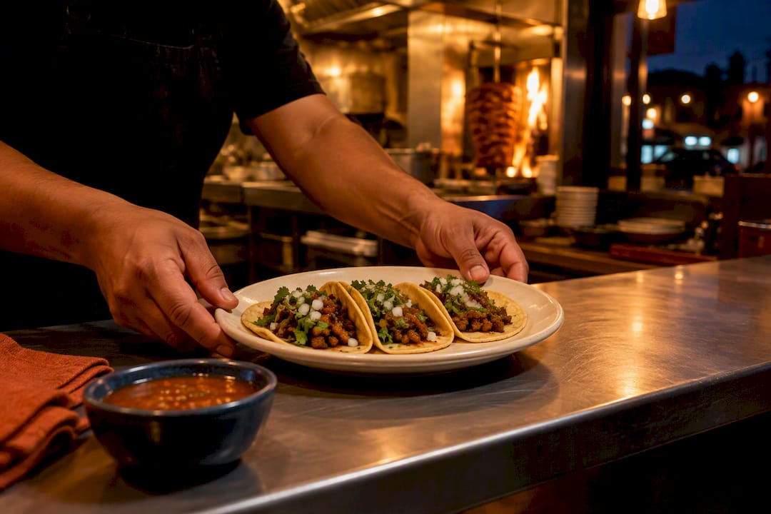 Fresh tacos served at an evening counter