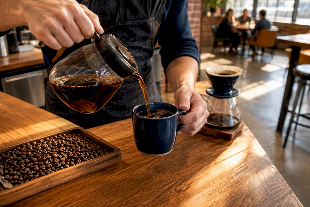 Coffee being poured at Crossroads roastery