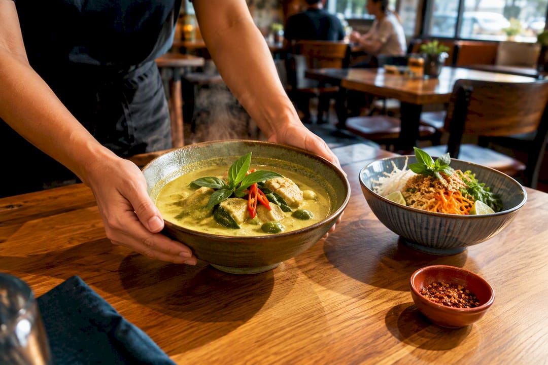 Green curry and noodles at Thai restaurant