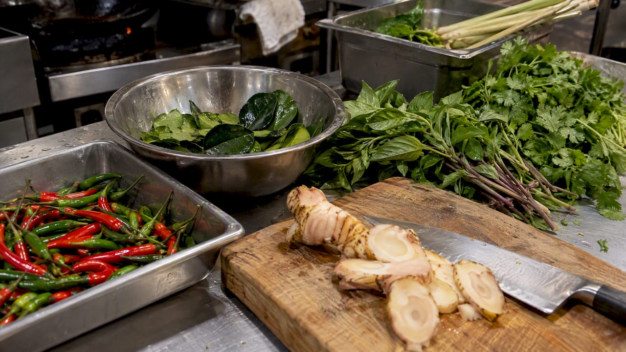 Fresh Thai aromatics on a kitchen counter