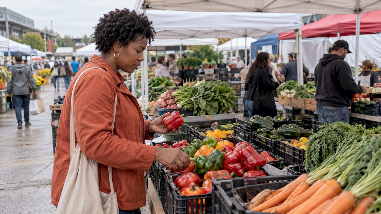 Shopper browsing produce at River Market